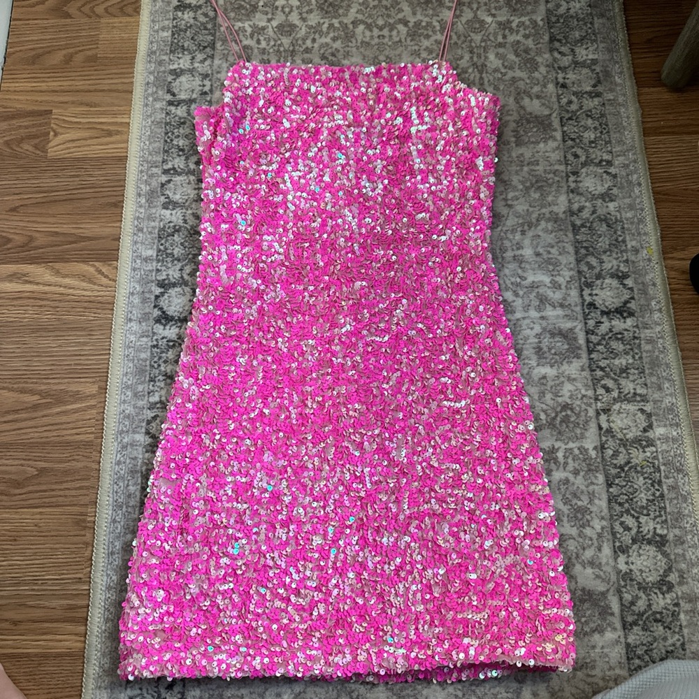 Hot Pink Sequin Mini Dress with Spaghetti Straps